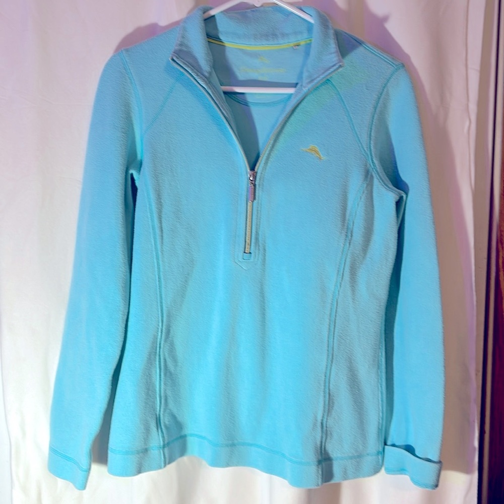 Tommy Bahamas sea blue 3/4 zip pullover with dolphin on front lapel.